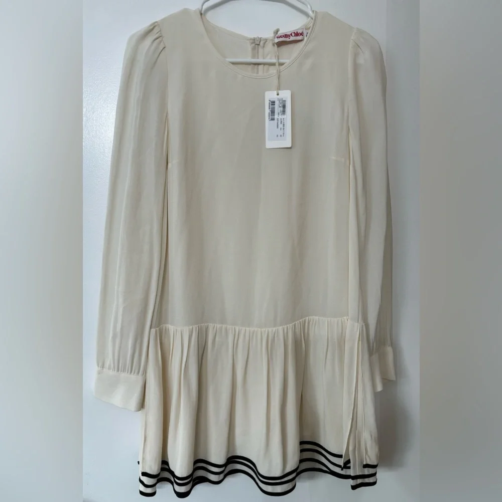 see by chloe cream dress See By Chloé Cream Ruffle Hem Black Piping Detail Long Sleeve Dress Size 38  NWT